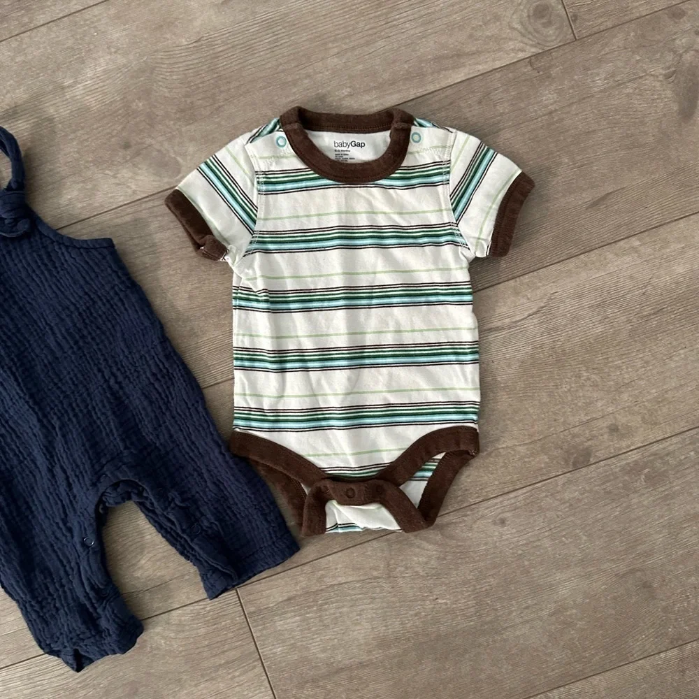 Vintage GAP Stripe Bodysuit & Chick Pea Overalls Baby Boy Matching Outfit 0-3 M